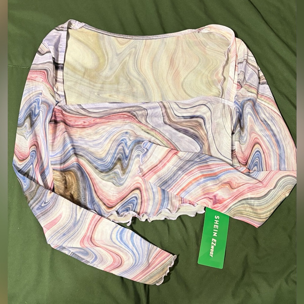 SHEIN Multicolor Pastel Marble-Print Long Sleeve Crop Top